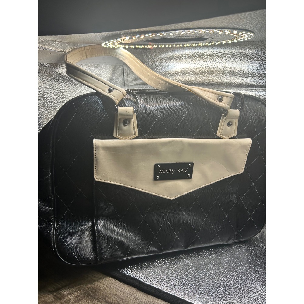 Mary Kay Black Quilted Travel Tote Bag Cream Trim Consultant Organizer Damask